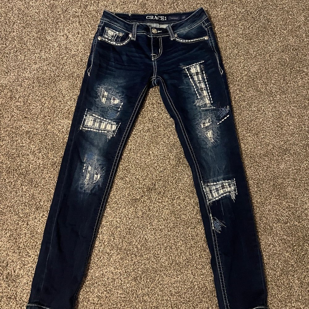 Grace Women's Dark Blue Distressed Skinny Jeans